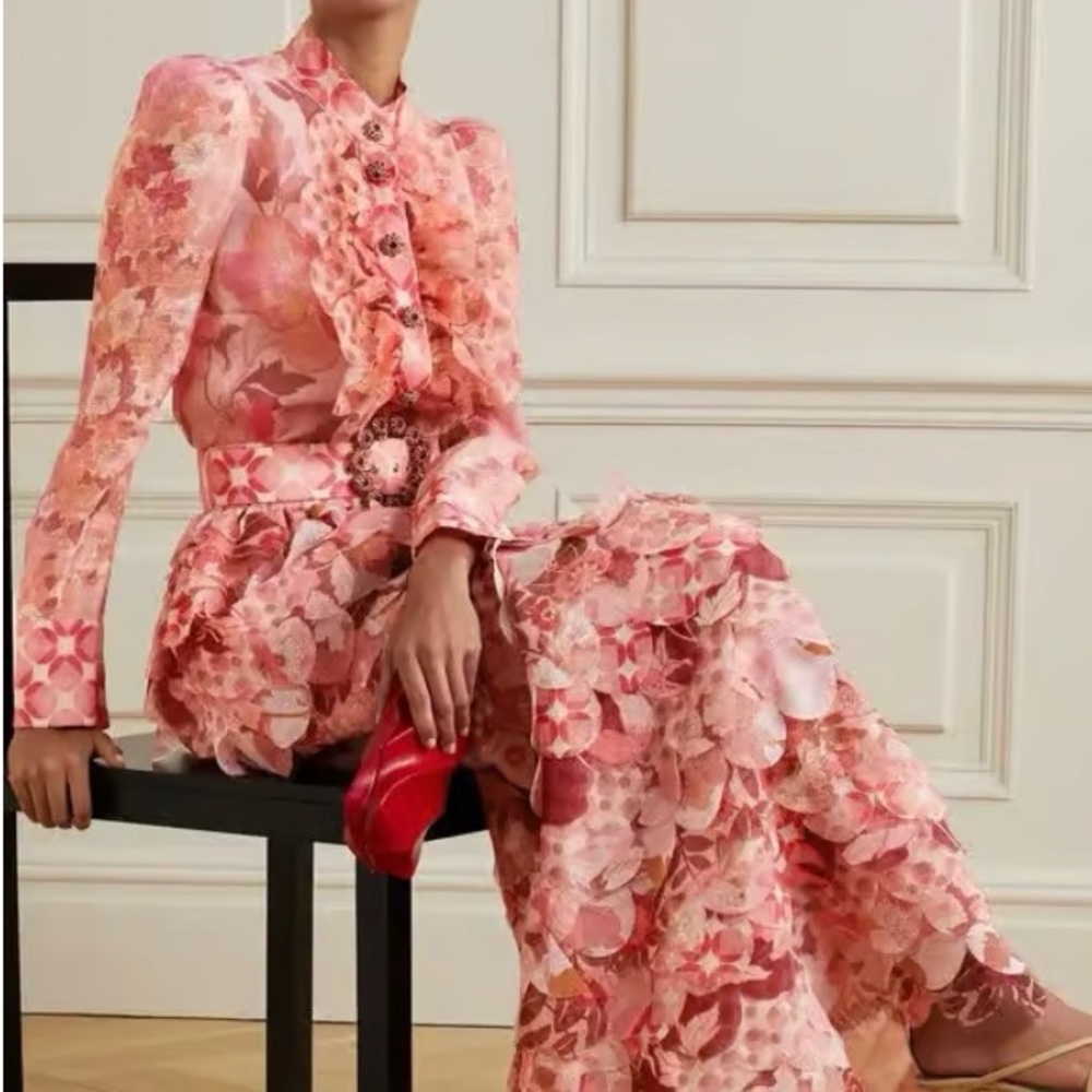 Floral Pink Concert Blouse with Embellished Buttons